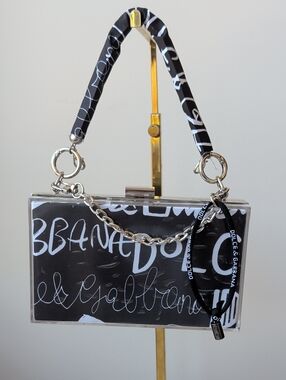 Upcycled Black Graphic Acrylic Box Bag with Chain Strap